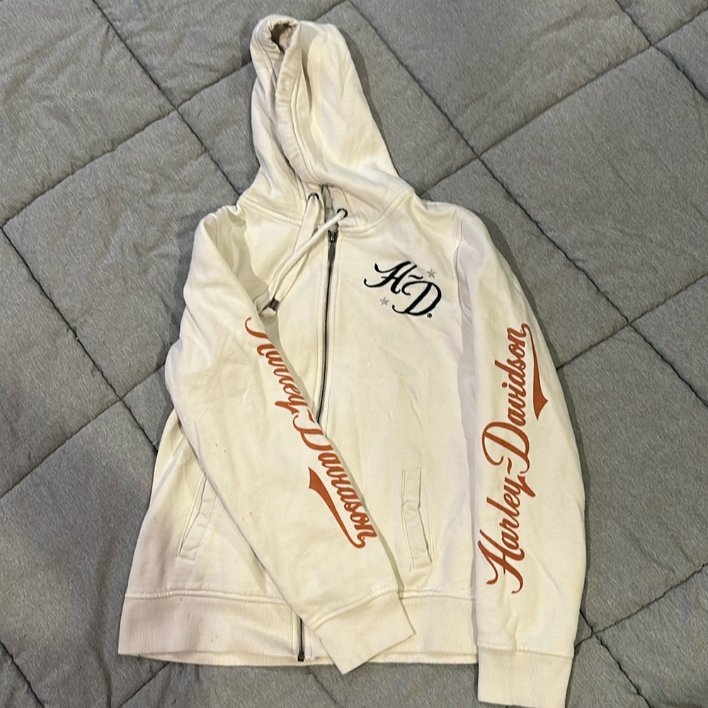 COPY - Harley Davidson Hoodie. Size L. Cream with orange and black.